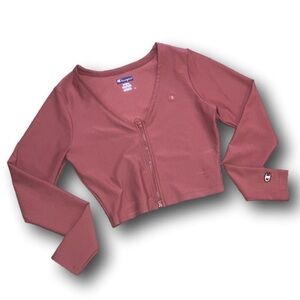 Champion Long Sleeve Zipper front Ribbed Tee Cropped Dusty Rose Ladies Small S